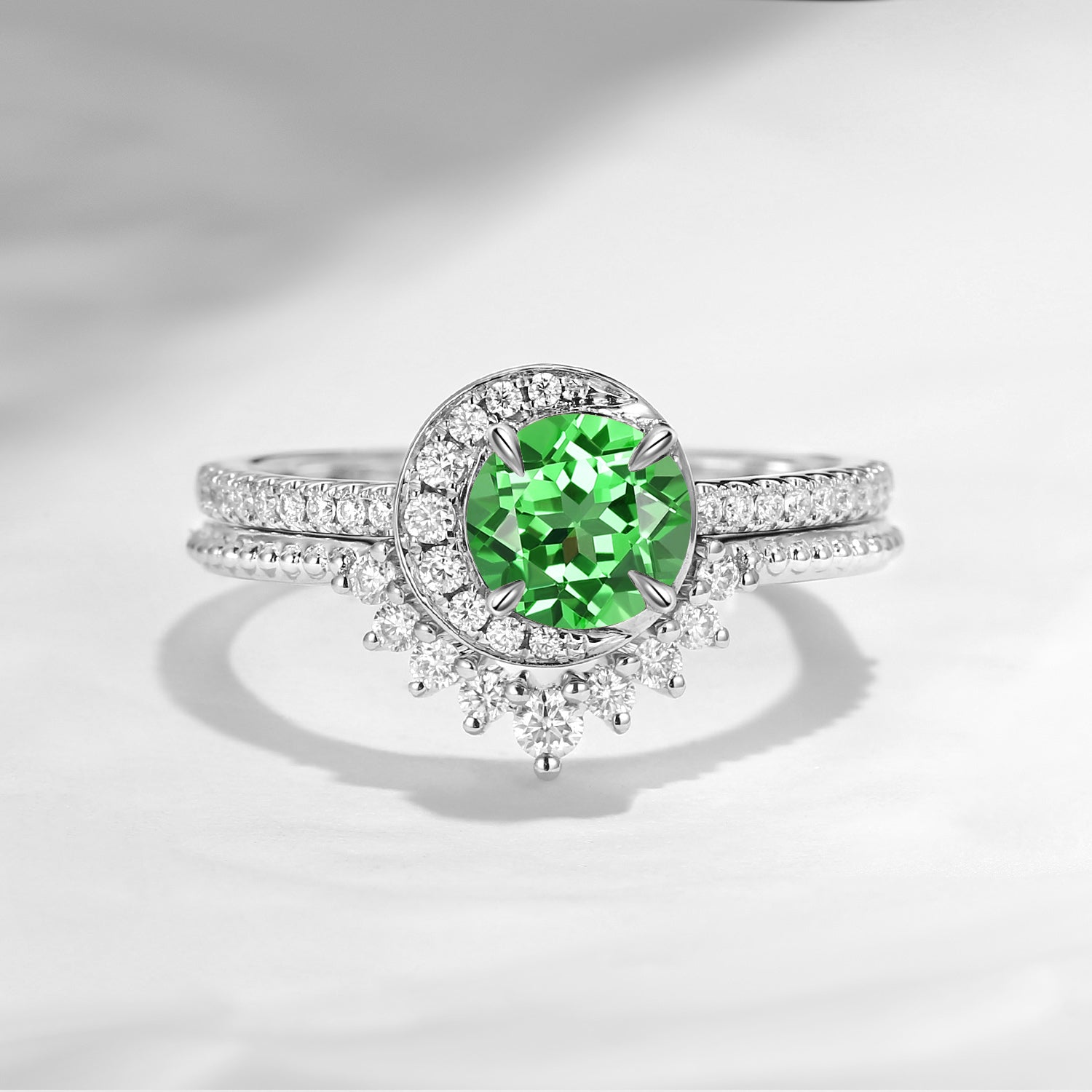 Crescent Moon | Unique Round Cut Lab Tsavorite Engagement Ring Set 2pcs - Full Moon