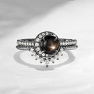 Crescent Moon | Unique Round Cut Natural Black Star Sapphire Engagement Ring Set 2pcs - Full Moon