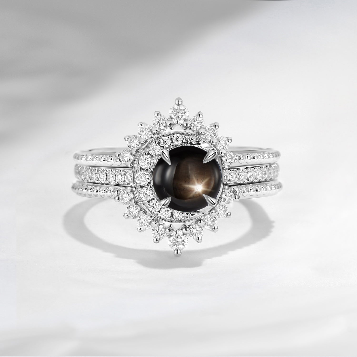 Crescent Moon | Unique Round Natural Black Star Sapphire Engagement Ring Set 3pcs - Full Moon