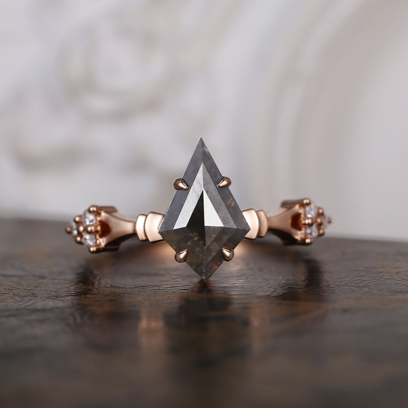 Vintage Inspired Kite Cut Salt and Pepper Diamond Engagement Ring