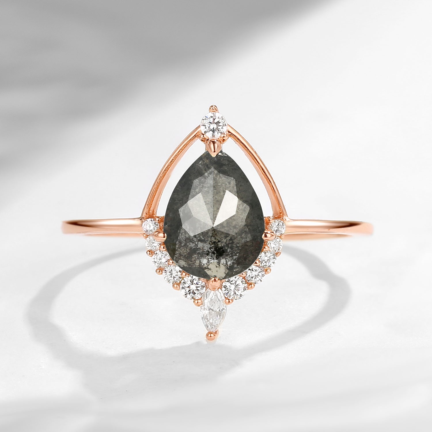 Classic Pear Cut Salt And Pepper Diamond Halo Engagement Ring
