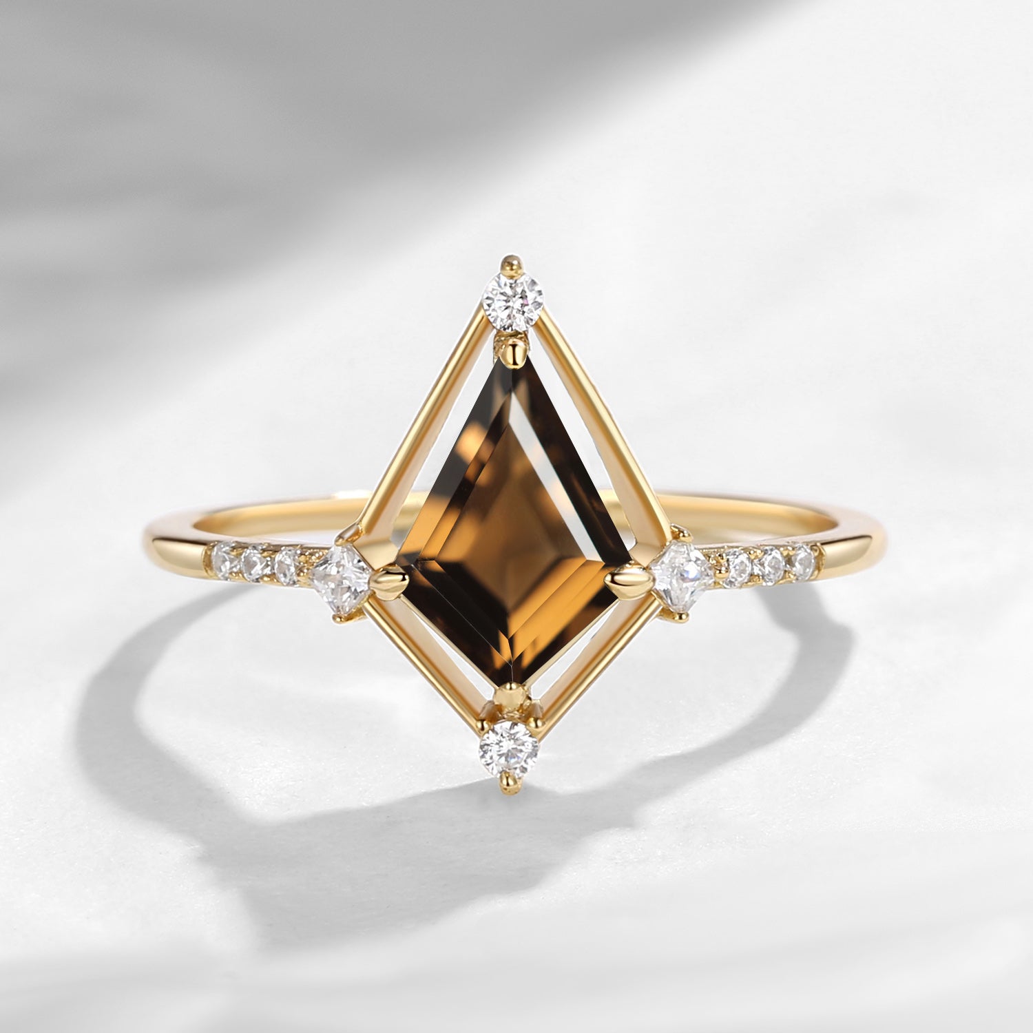 Classic Kite Cut Natural Smokey Quartz Halo Engagement Ring