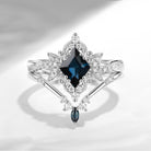 Crescent Moon - Kite Cut Natural Teal Sapphire Engagement Ring Set with Twisted Infinity Band