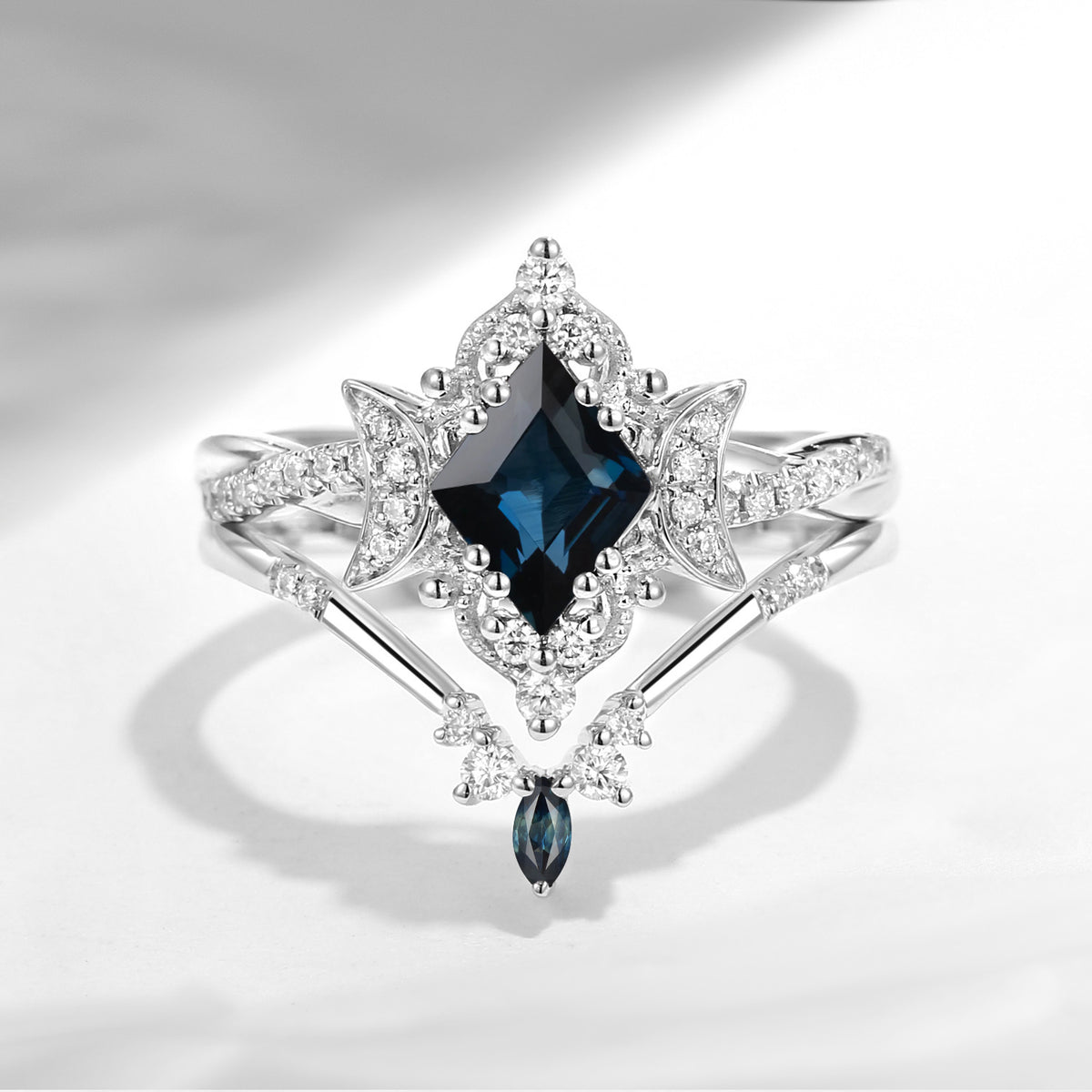 Crescent Moon - Kite Cut Natural Teal Sapphire Engagement Ring Set with Twisted Infinity Band
