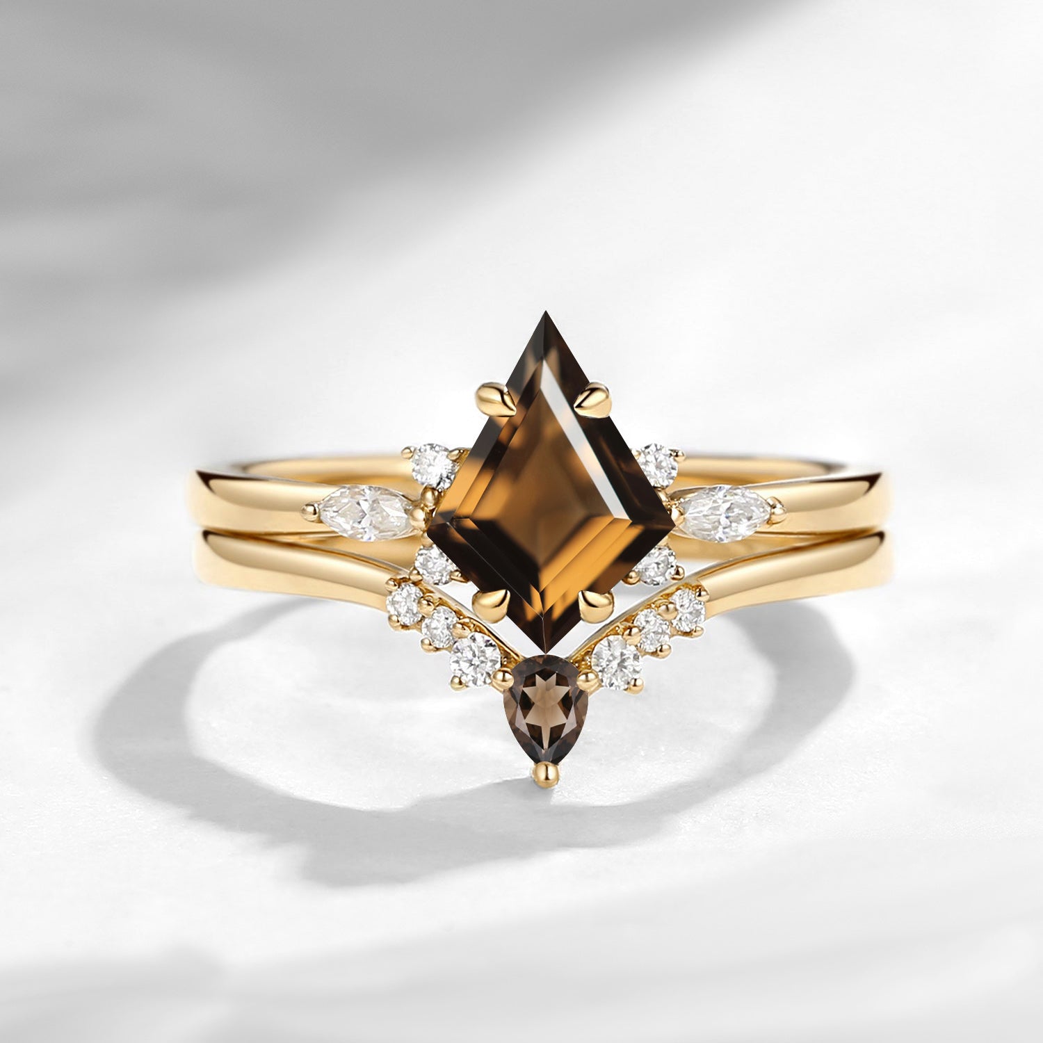 Classic Kite Cut Natural Smokey Quartz Engagement Ring 2pcs