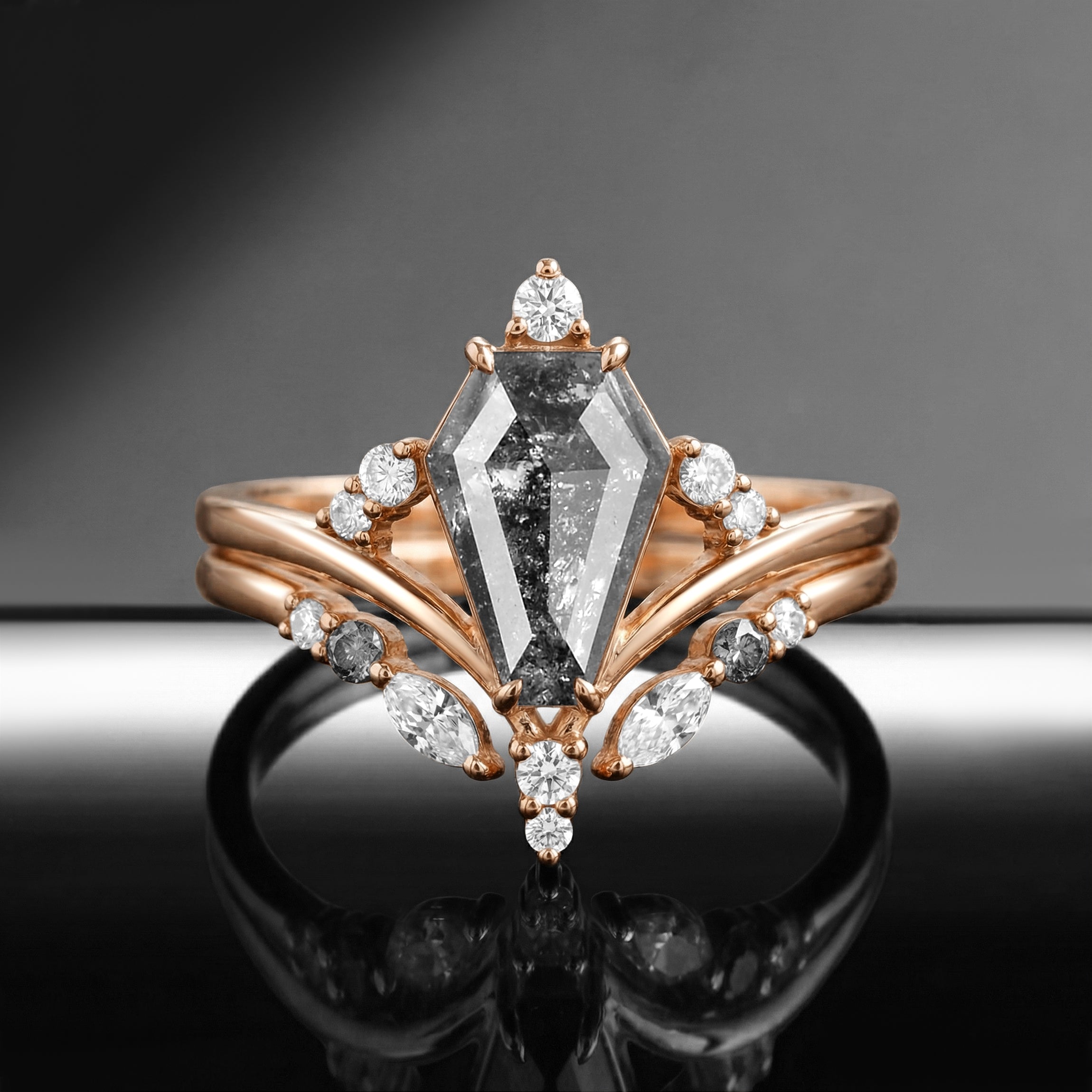 'Loren' - Art-Deco Coffin Cut Salt & Pepper Diamond Cluster Engagement Ring Set 2pcs