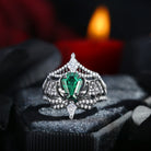 Maximalist Style Coffin Cut Lab Emerald Black Gold Bridal Set 3pcs - Bat Knight