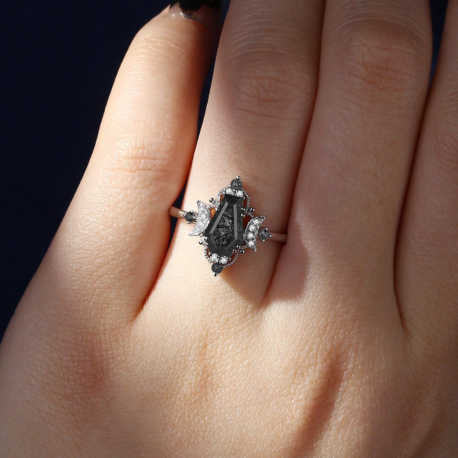 Crescent Moon | Vintage Style Coffin Cut Black Rutilated Quartz Engagement Ring