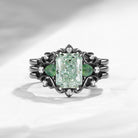 Nature Inspired Emerald Cut Green Lab Diamond Gothic Engagement Ring Set 3pcs