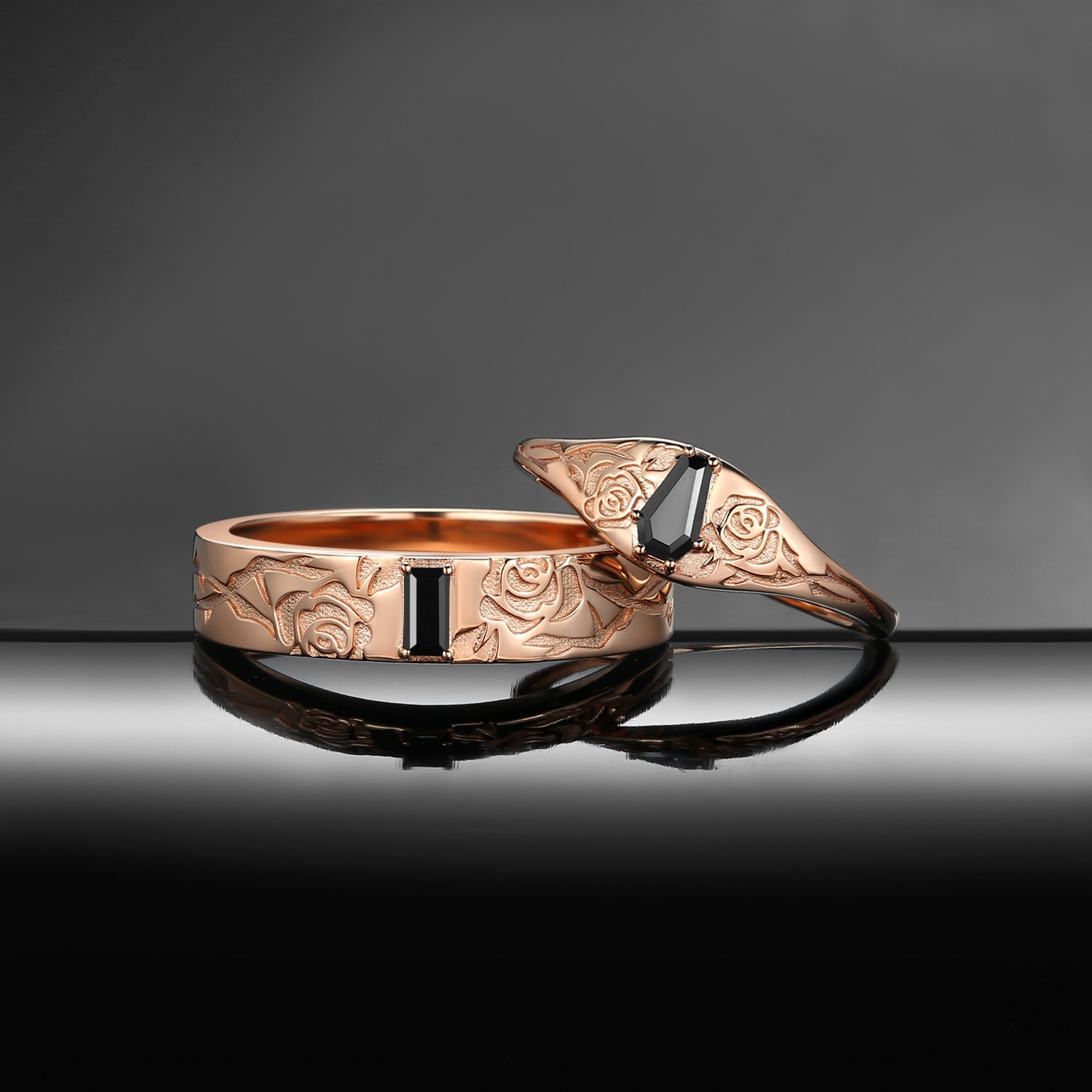 Nature Inspired Gothic Coffin Cut & Rectangular Cut Black Moissanite 'Thorns & Roses' Couple Rings 2pcs