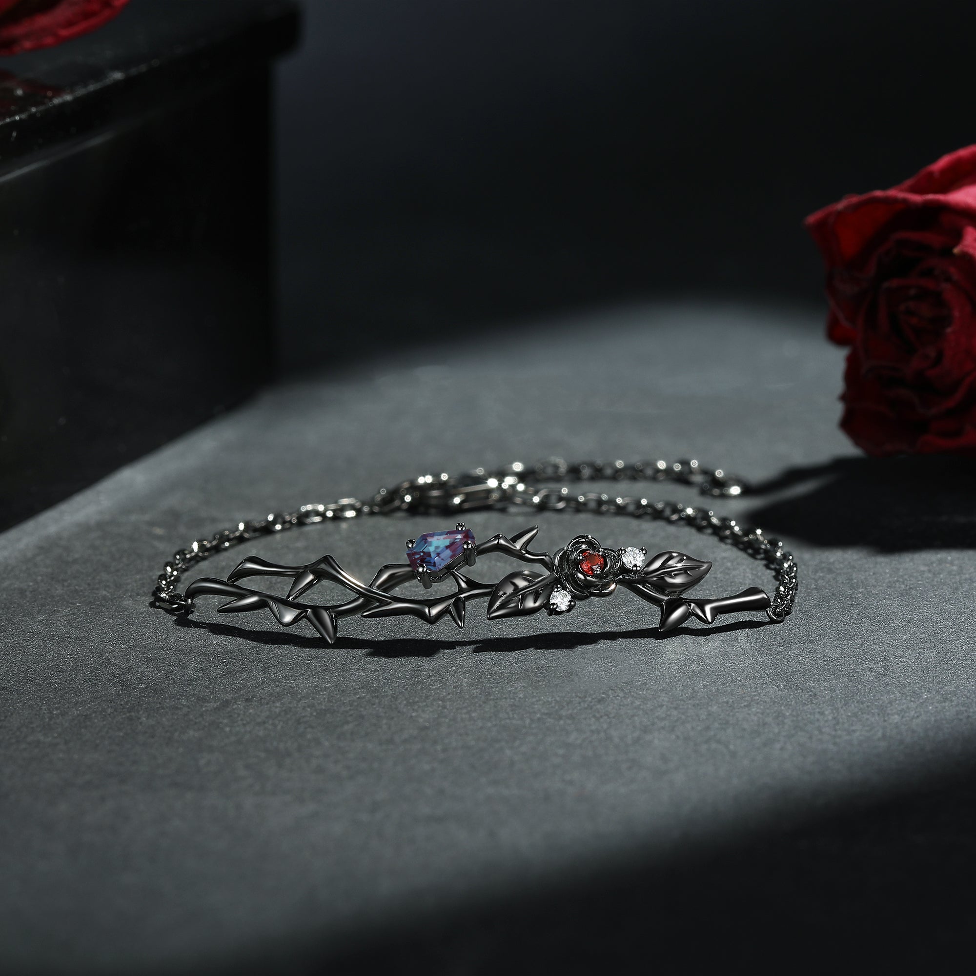 Nature Inspired Gothic 'Thorns & Roses' Lab Alexandrite Coffin & Garnet Flower Halloween Bracelet