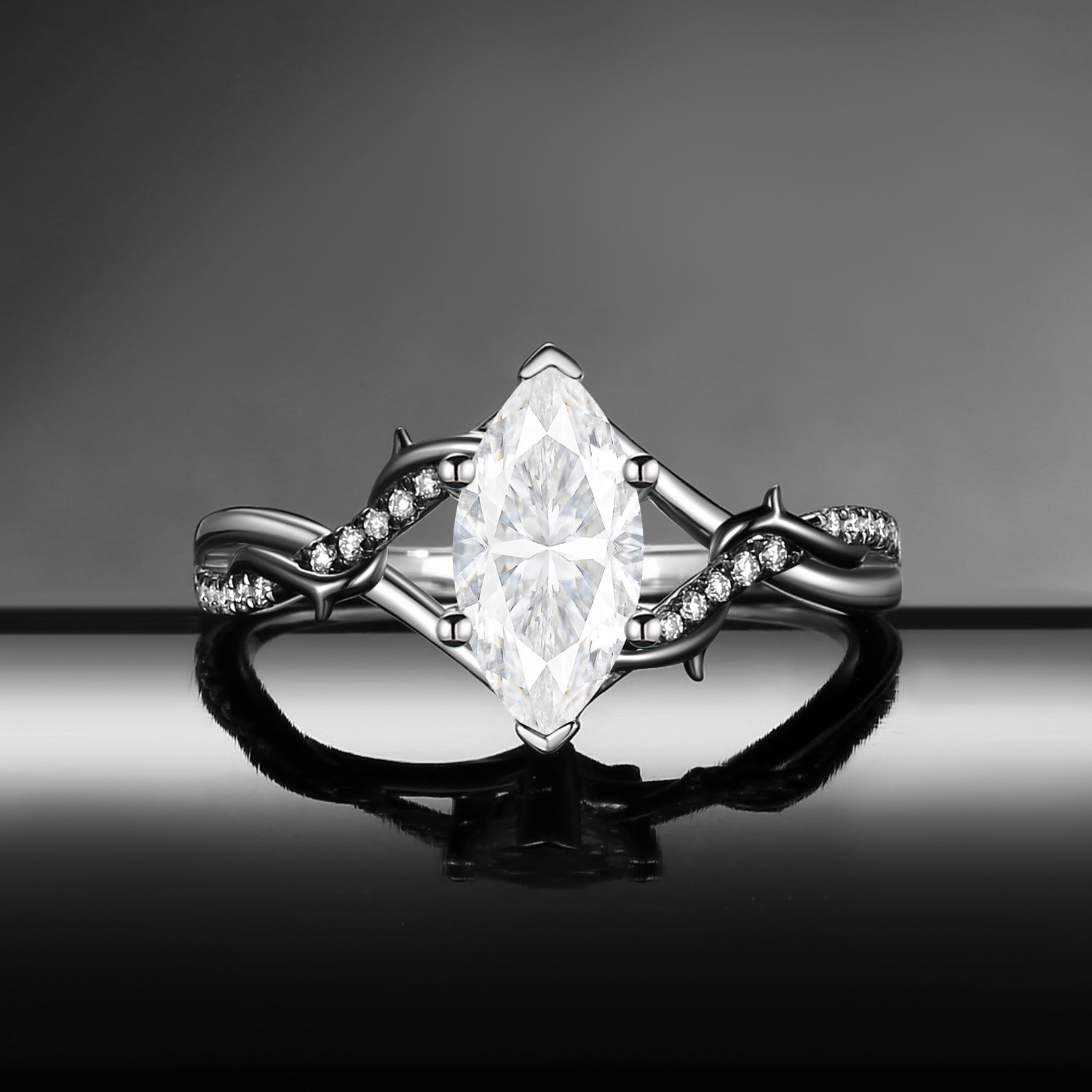 Nature Inspired Marquise Moissanite 'Thorns &amp; Roses' Two-Toned Engagement Ring