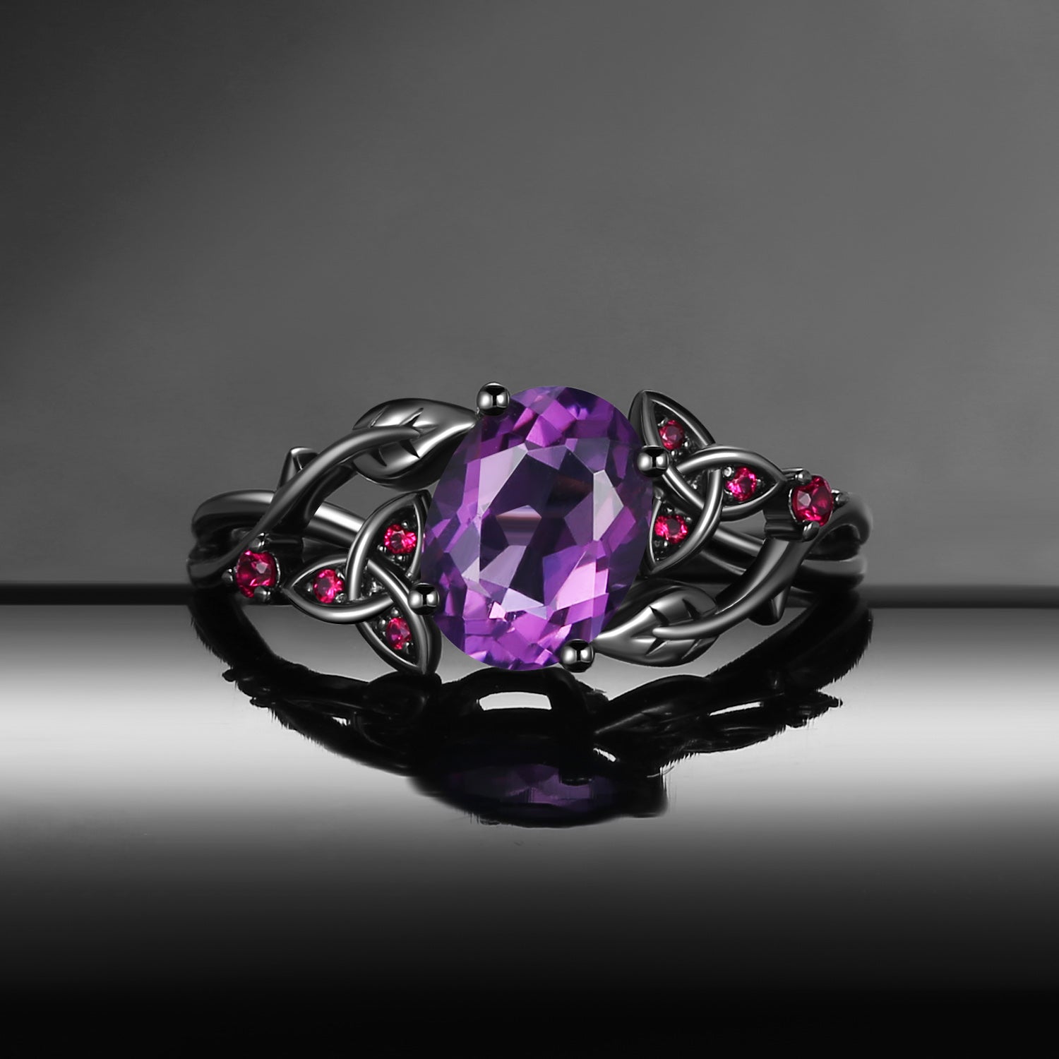 Celtic Calendar - 1.21-2.17 - Nature Inspired Oval Cut Amethyst Infinity Celtic Engagement Ring with Rowan Leaf-Inspired Band