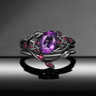 Celtic Calendar - 1.21-2.17 - Nature Inspired Oval Cut Amethyst Infinity Celtic Bridal Set with Rowan Leaf-Inspired Band