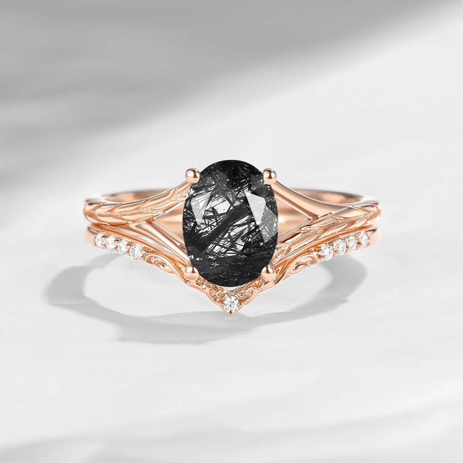 Nature Inspired Oval Cut Black Rutilated Quartz Textured Engagement Ring Set 2pcs
