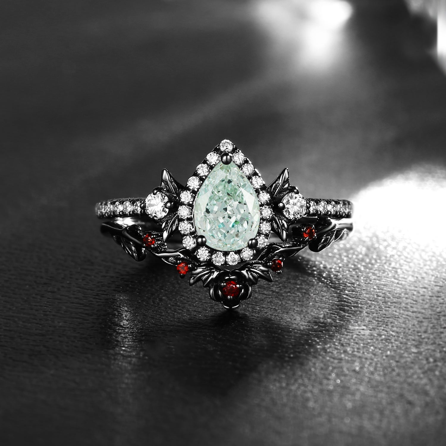Nature Inspired Pear Cut Green Lab Diamond 'Thorns & Roses' Halo Engagement Ring Set 2pcs