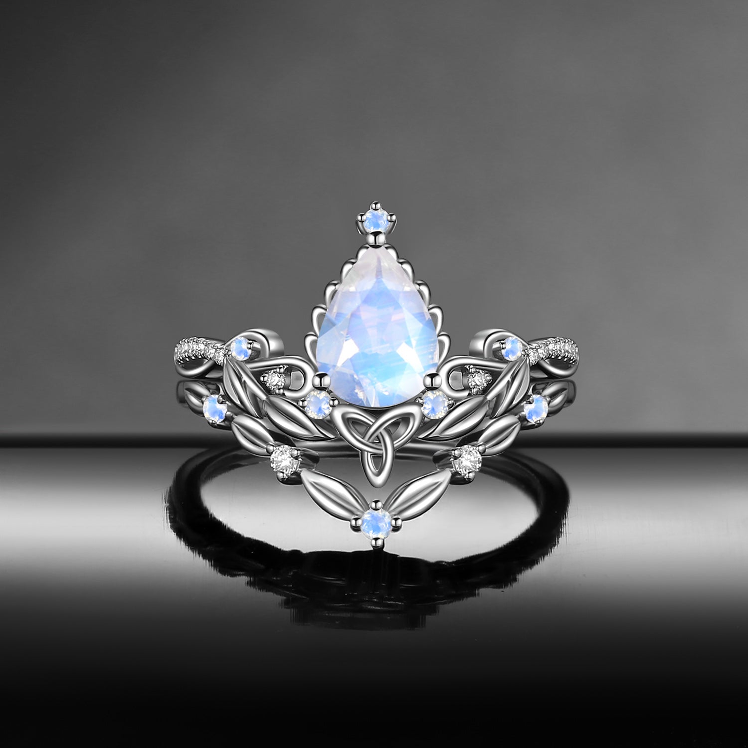Celtic Calendar - 4.15-5.12 - Nature Inspired Pear Natual Moonstone Celtic Bridal Set with Willow Flow-Inspired Band