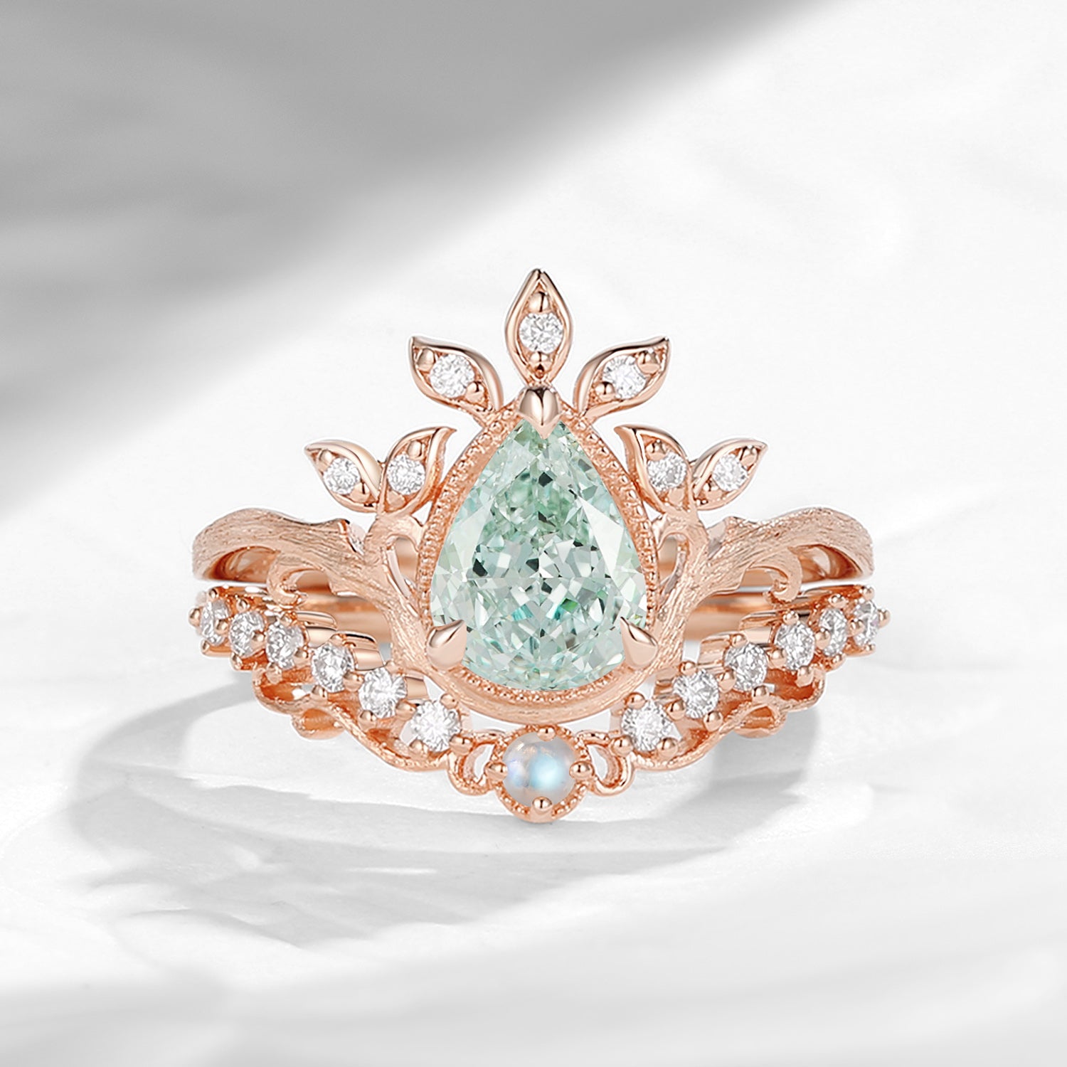 Nature Inspired Vintage Pear Shaped Green Lab Diamond Garden Engagement Ring Set 2pcs