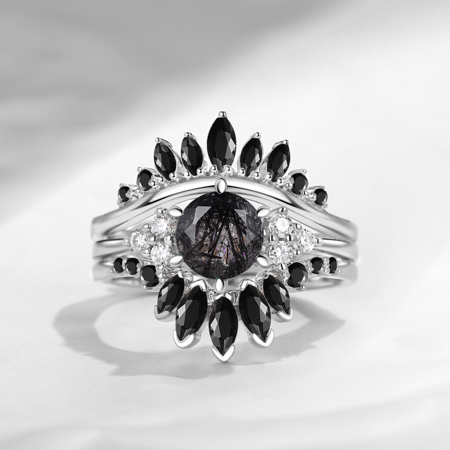 Bette‘s Eyes| Black Rutilated Quartz Engagement Ring Set 3pcs