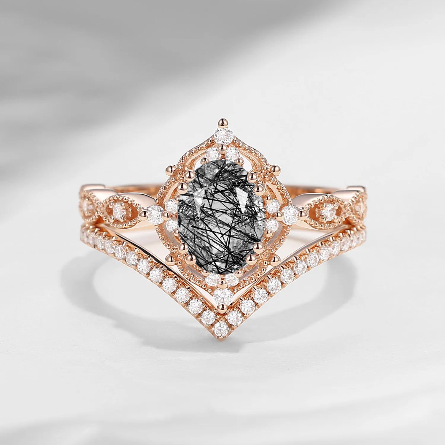 Oval Cut Vintage Inspired Black Rutilated Quartz Bridal Set 2pcs
