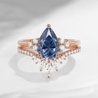 Pear Cut Blue Moissanite Cluster Engagement Ring Set 2pcs - Vivian