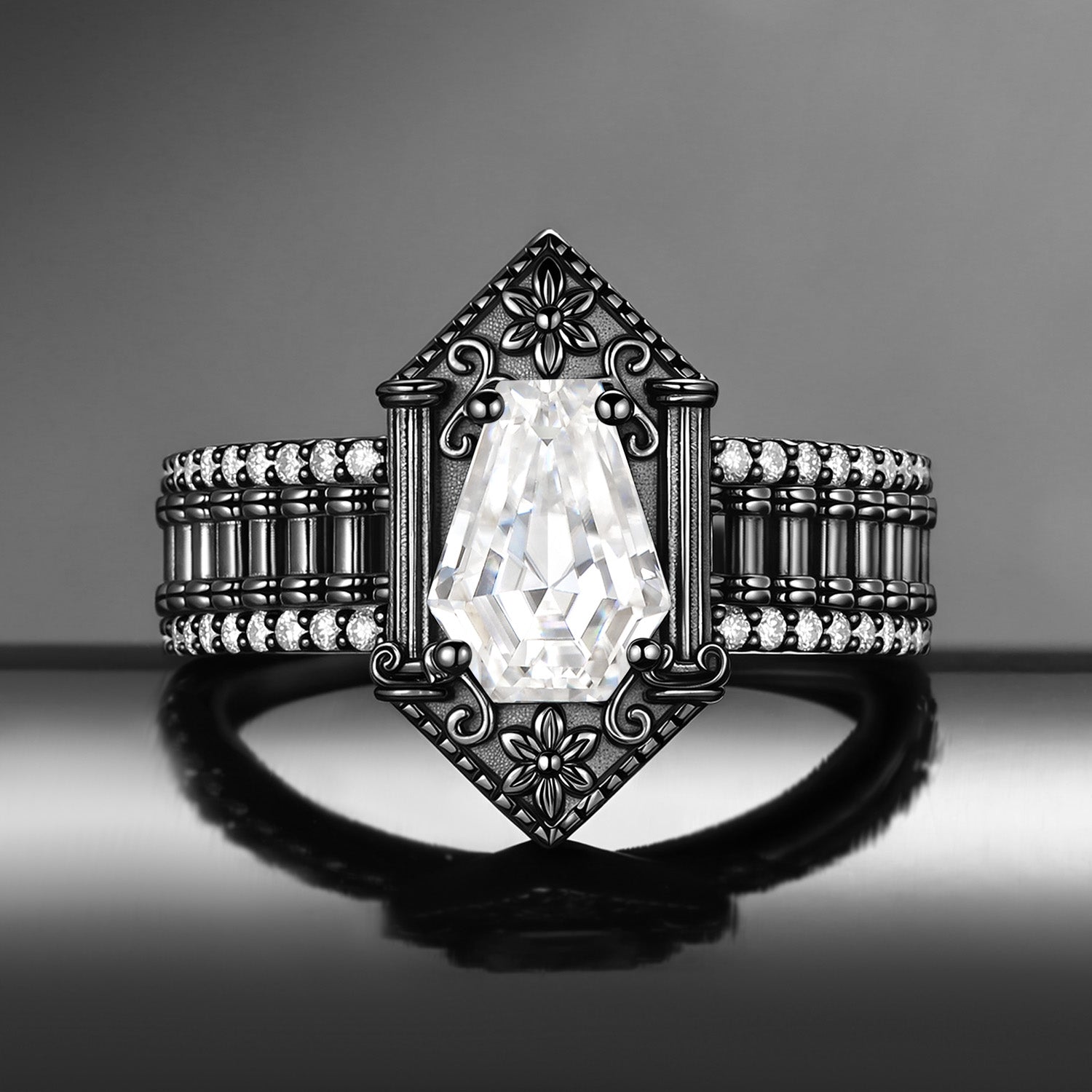Retro Art Deco Coffin Cut Moissanite 'Fallen Aegis' Gothic Black Gold Engagement Ring