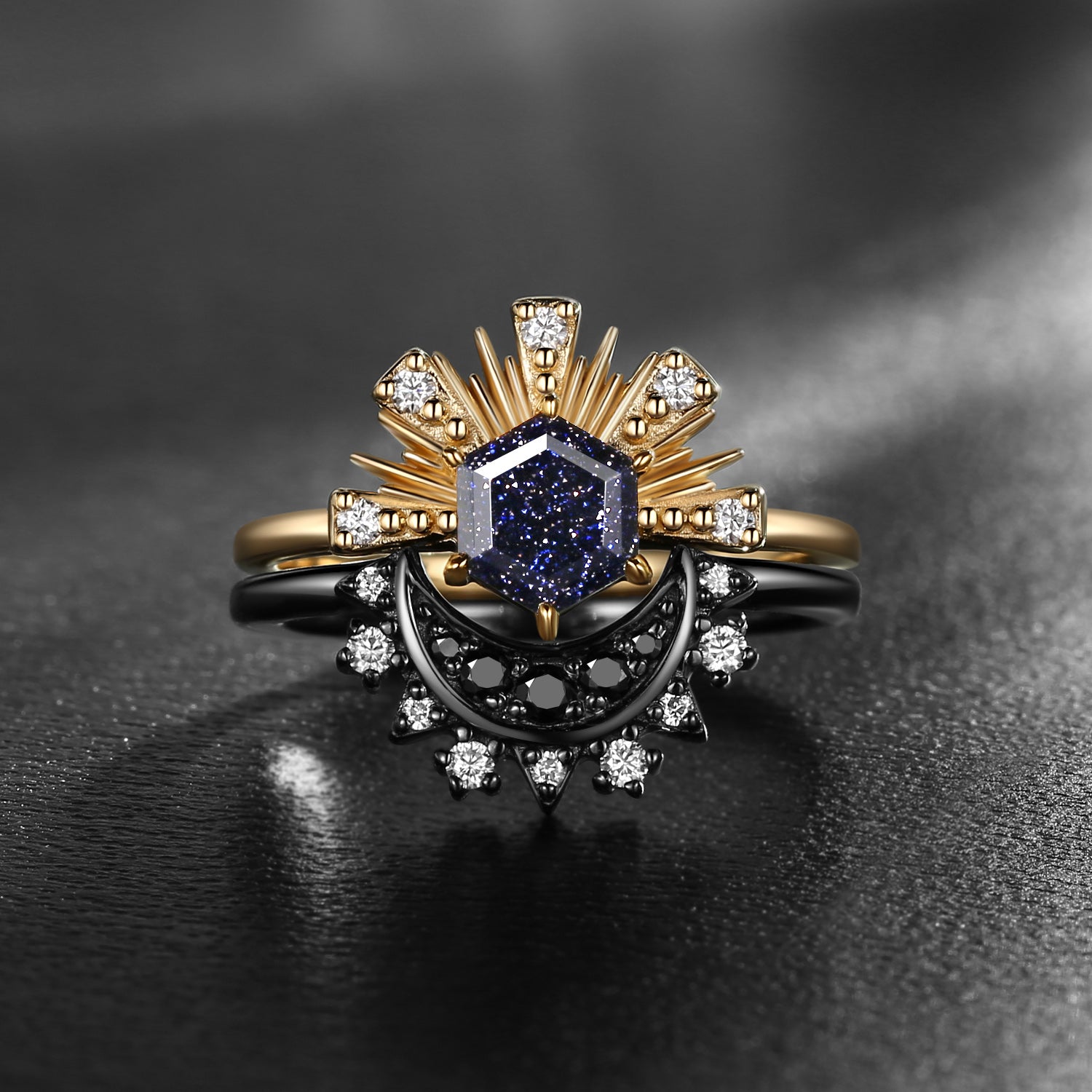 Retro Hexagon Cut Blue Sandstone Sun & Moon Two-Toned Engagement Ring Set 2pcs