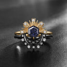 Retro Hexagon Cut Blue Sandstone Sun & Moon Two-Toned Engagement Ring Set 2pcs