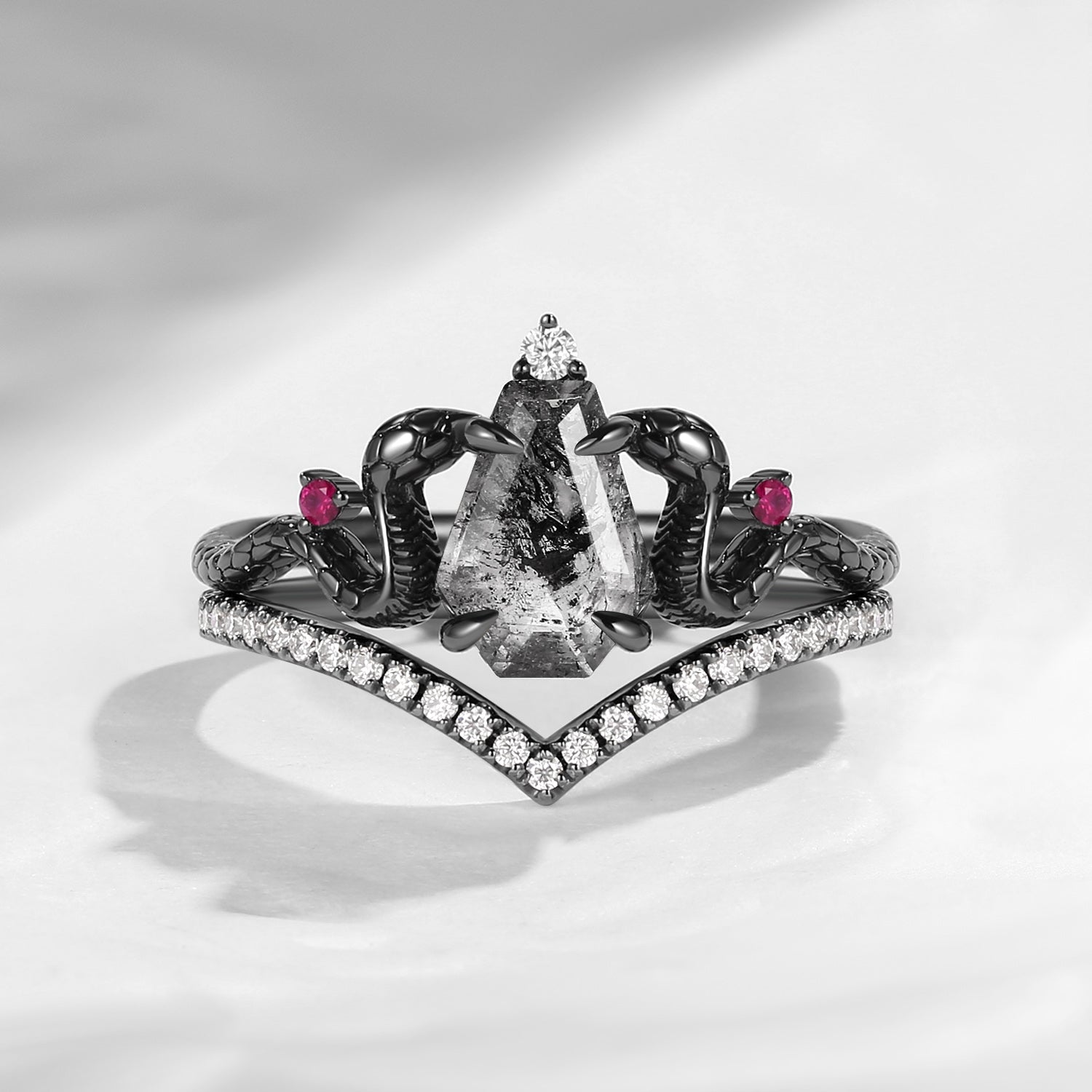 'Serpent's Embrace' - Gothic Style Coffin Cut Herkimer Diamond Snake Inspired Engagement Ring Bridal Set 2pcs