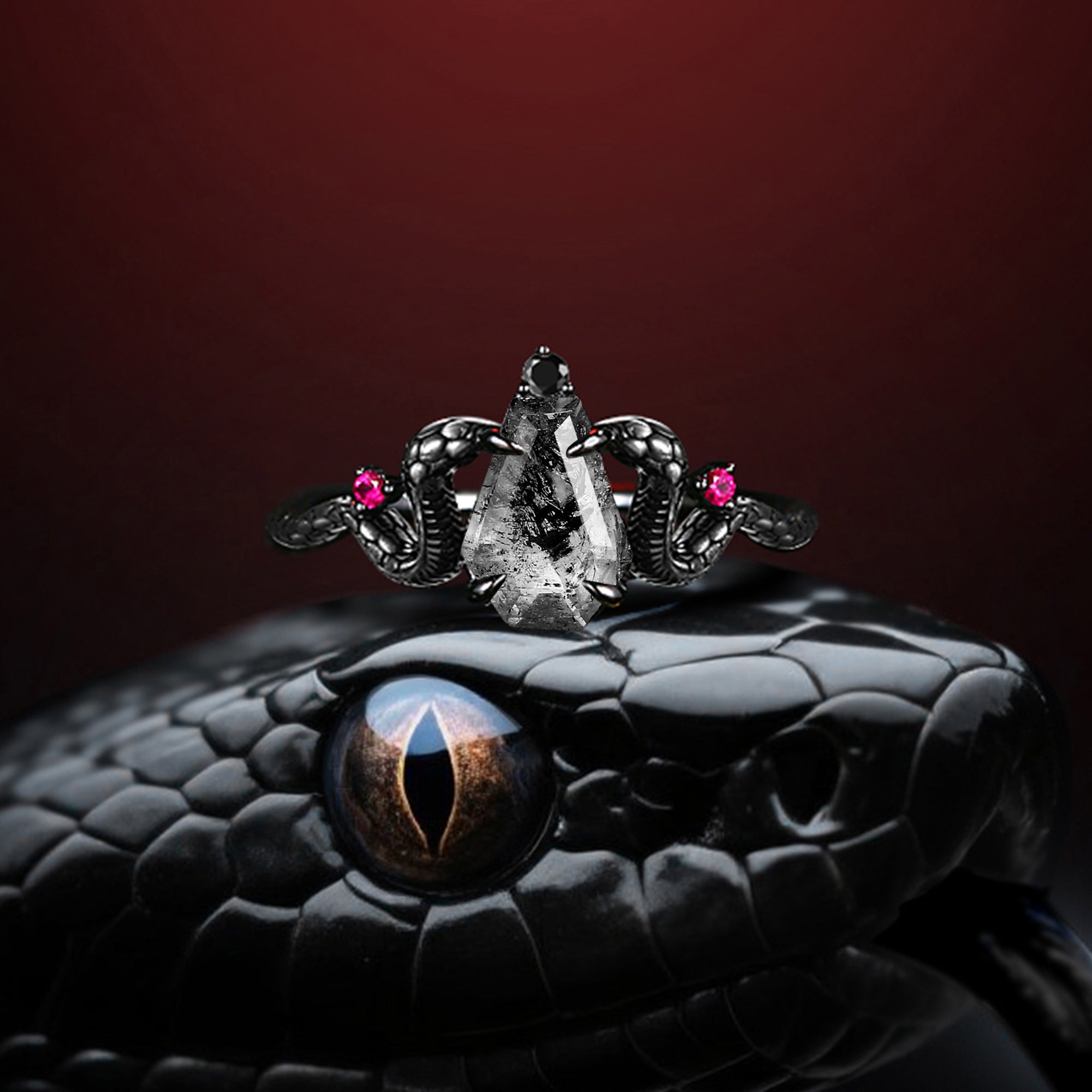 'Serpent's Embrace' - Vintage Twist Coffin Cut Herkimer Diamond Gothic Engagement Ring