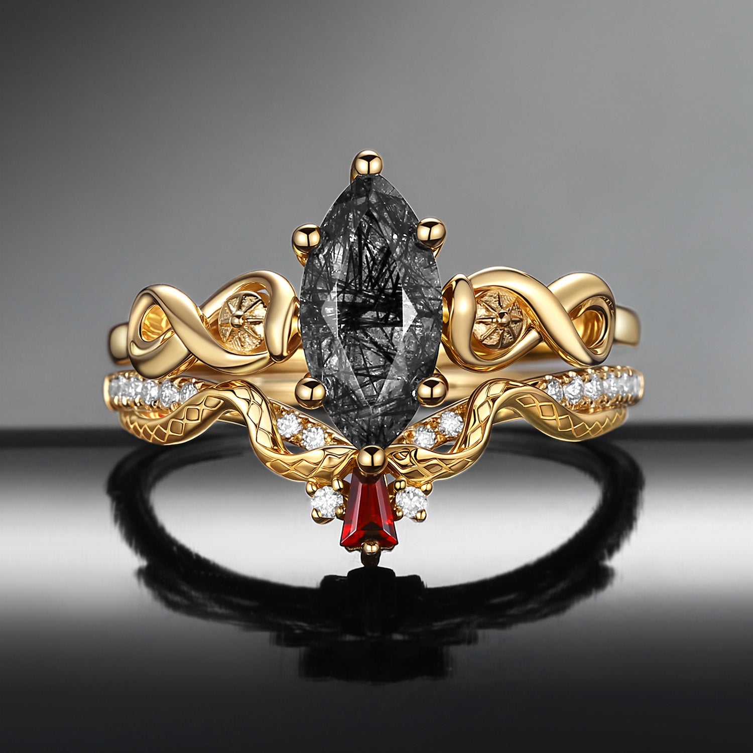 Snake Inspired Unique Marquise Cut Black Rutilated Quartz Engagement Ring Set Bridal Set 2pcs - Serpent's Embrace