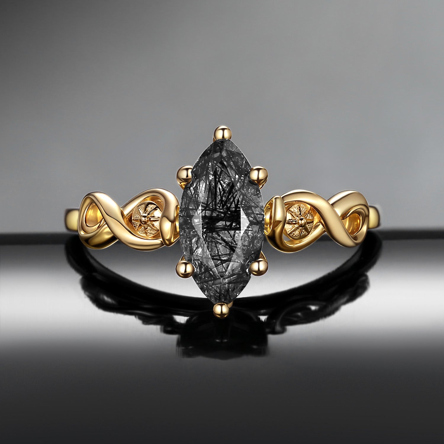 Snake Inspired Unique Marquise Cut Black Rutilated Quartz Infinity Twist Engagement Ring - Serpent's Embrace