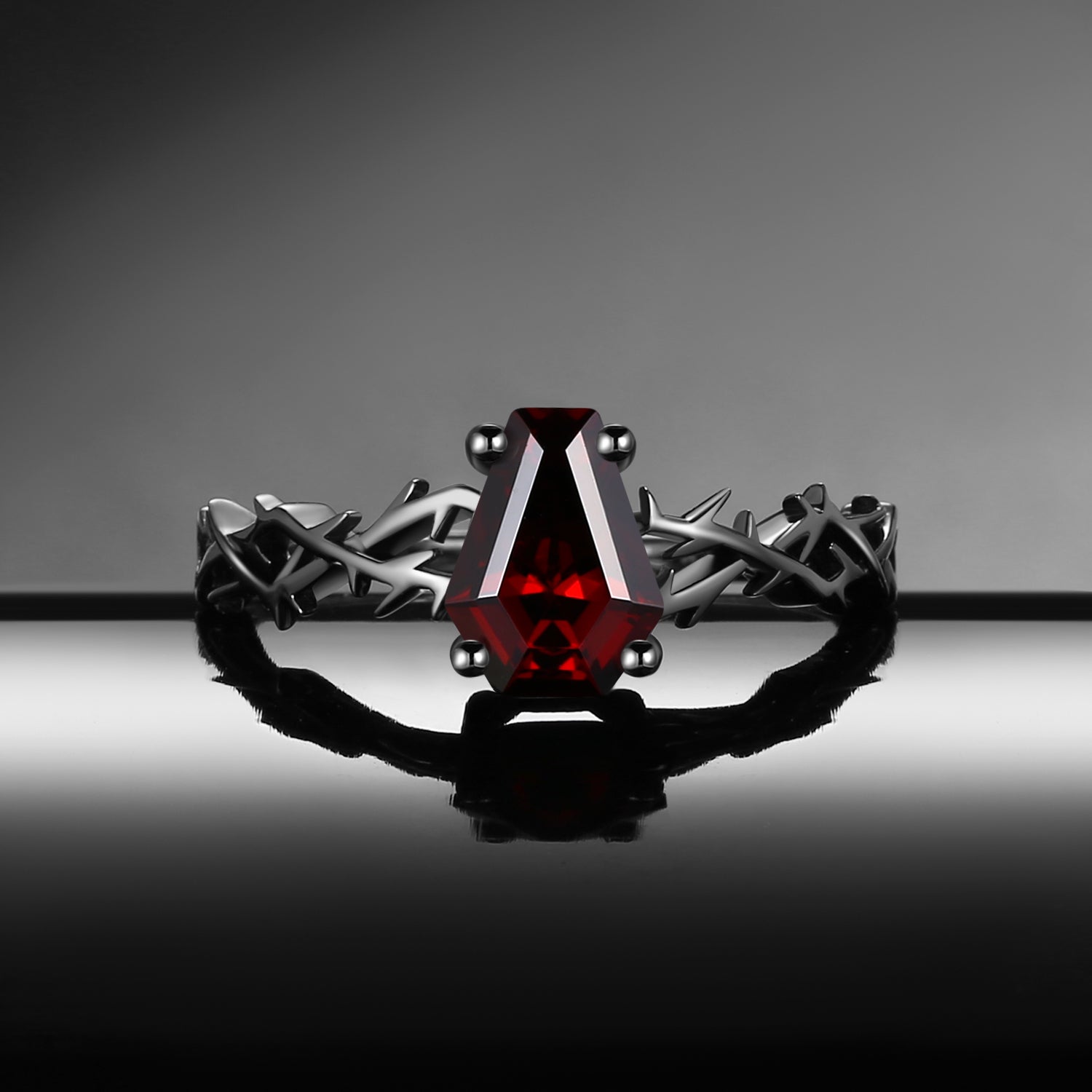 'Thorns & Roses'- Nature Inspired Coffin Cut Garnet Engagement Ring