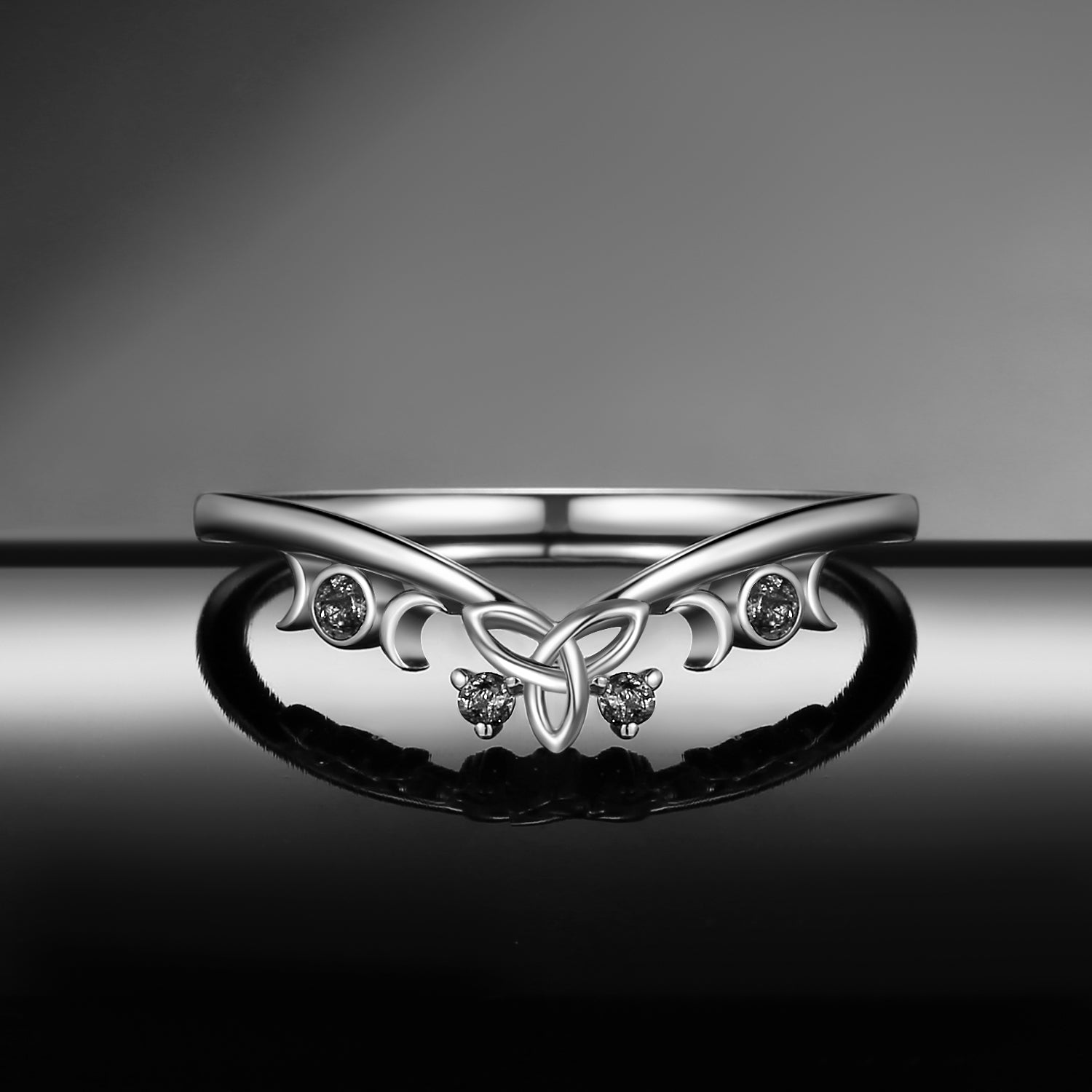 Unique Celtic Moon Inspired Black Rutilated Quartz Chevron Wedding Band