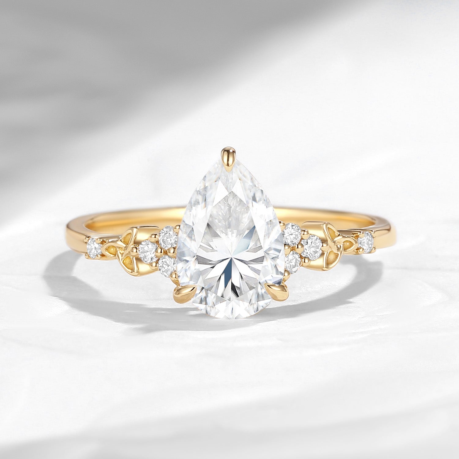 Unique Cluster Pear Cut Moissanite Celtic Solitaire Engagement Ring