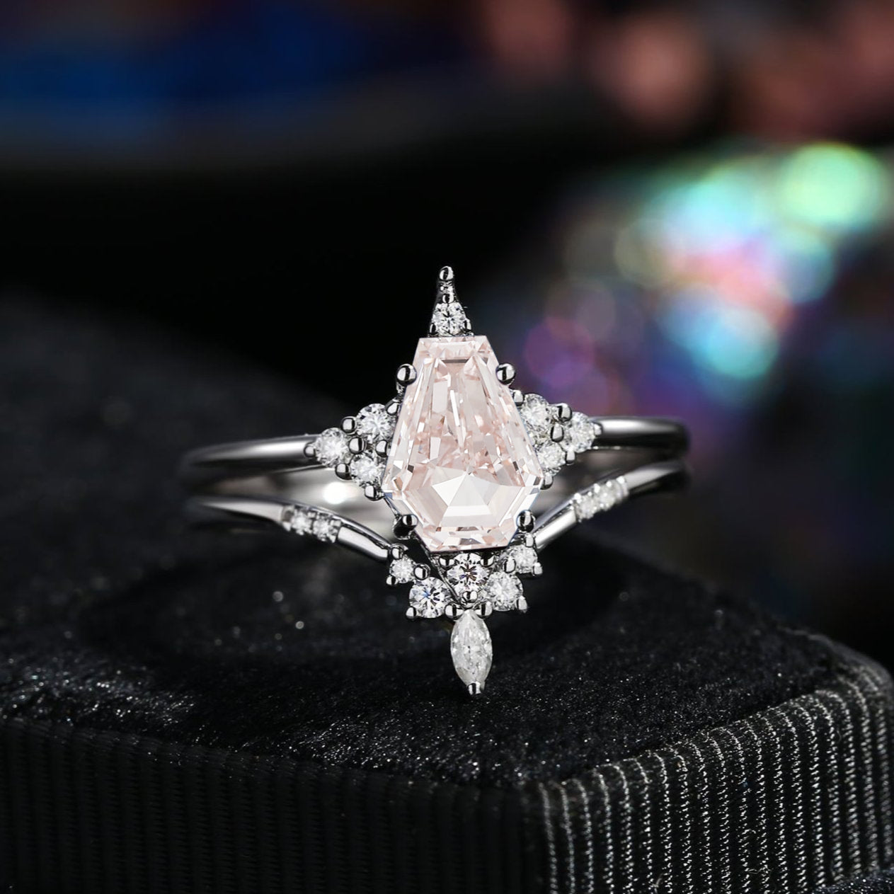 Unique Coffin Pink Lab Diamond Engagement Star Ring Set 2pcs - Coffin Kite