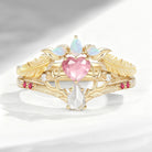 Unique Heart Shaped Lab Pink Sapphire + Pear Shaped Moissanite 'Tree of Life' Engagement Ring Set 2pcs