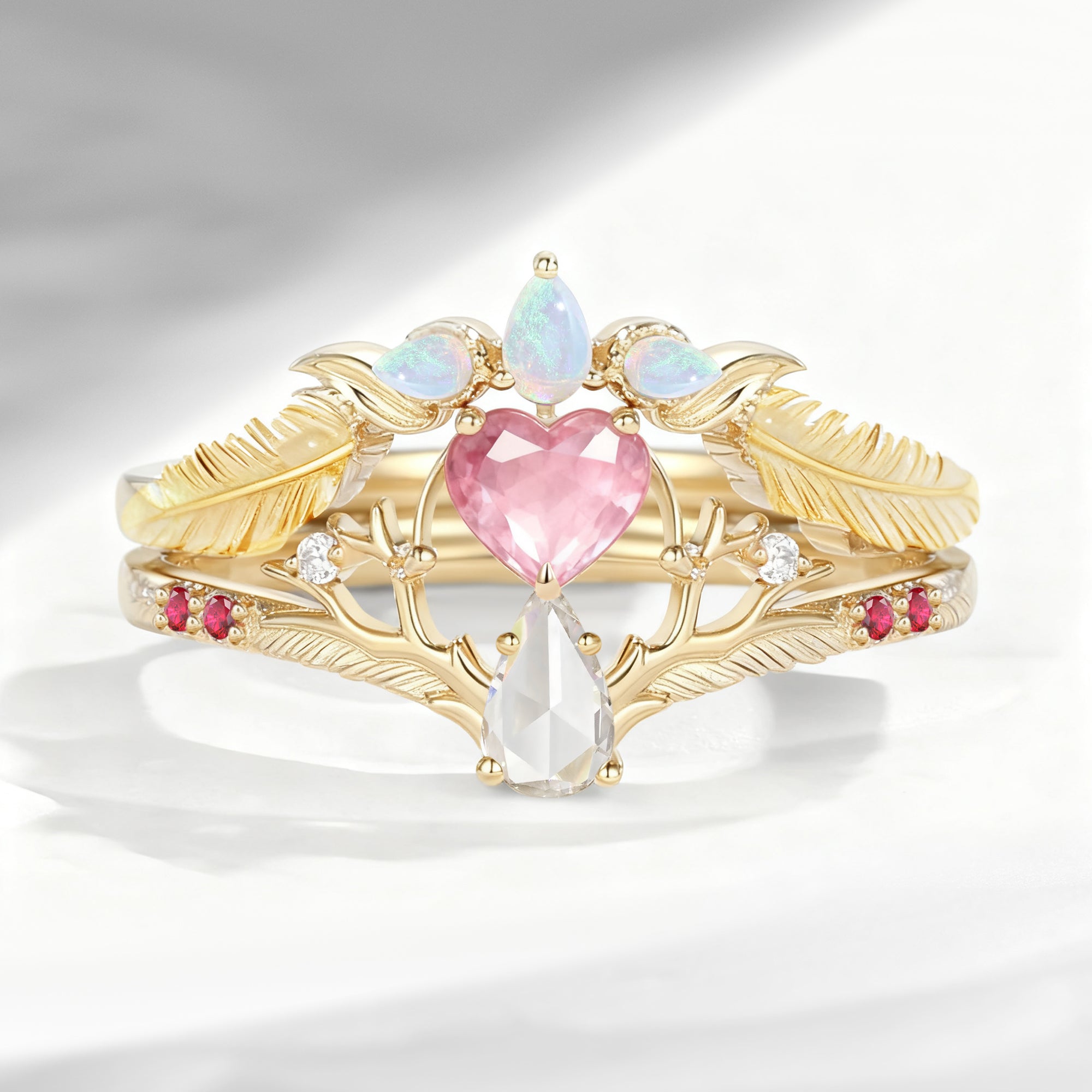 Unique Heart Shaped Lab Pink Sapphire + Pear Shaped Moissanite 'Tree of Life' Engagement Ring Set 2pcs