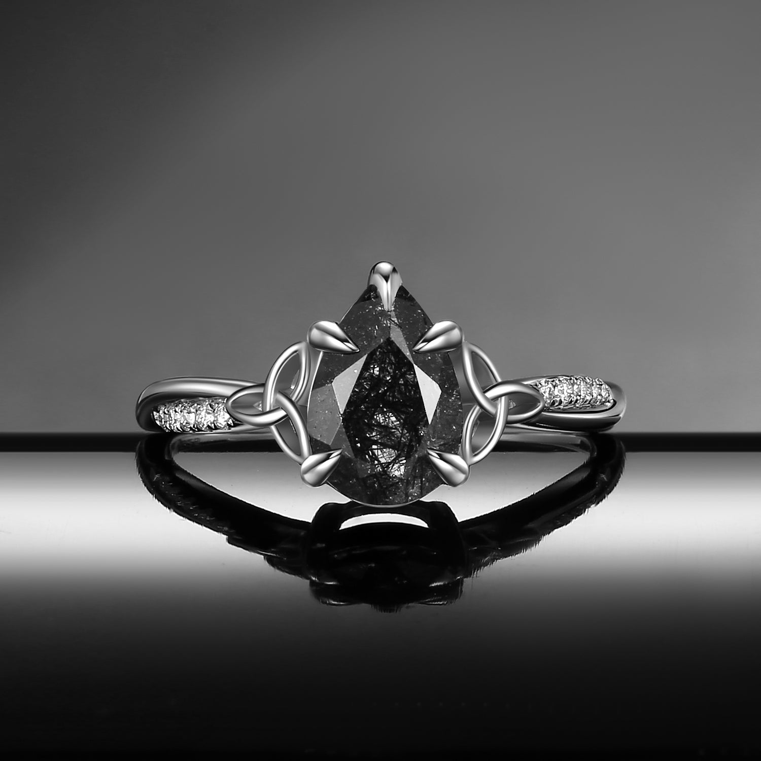 Unique Pear Cut Black Rutilated Quartz Celtic Inspired Infinity Engagement Ring