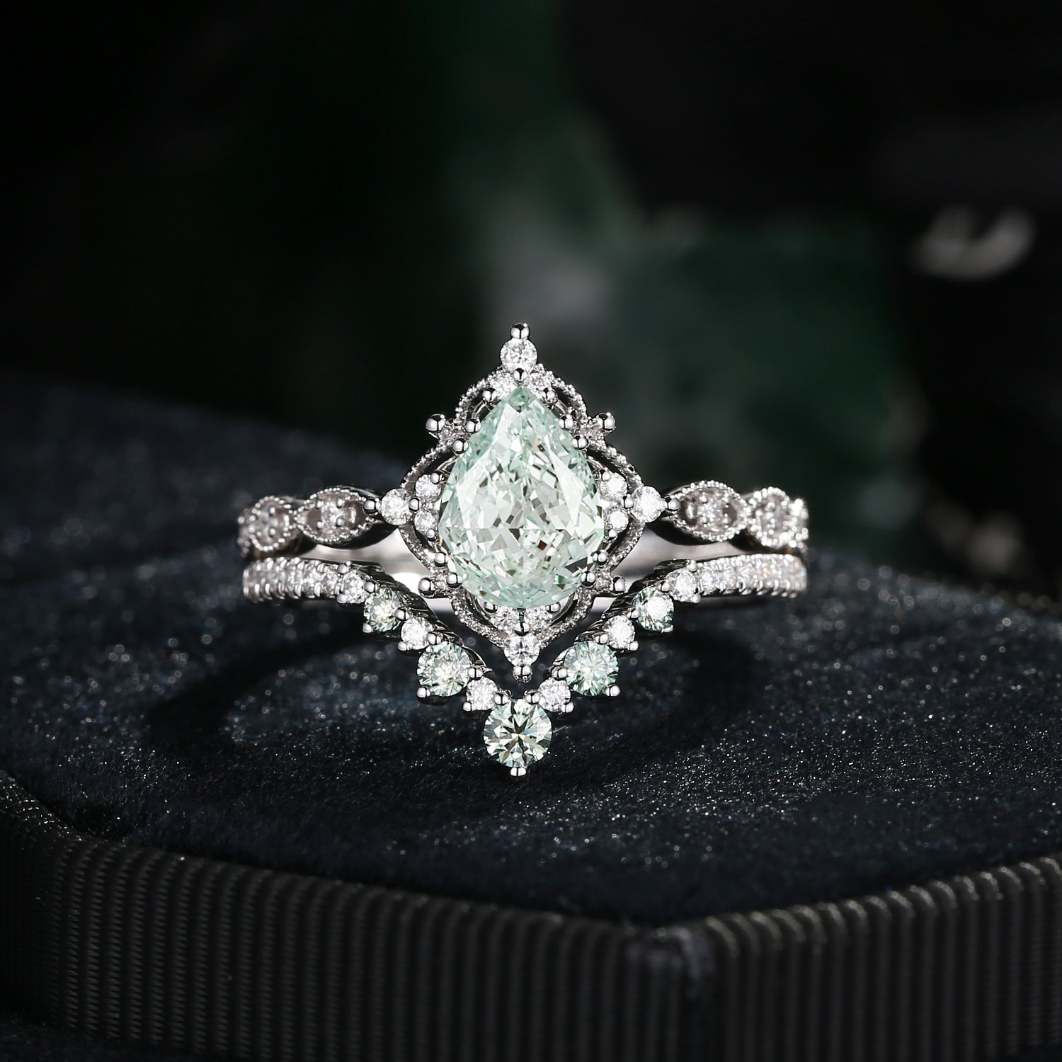 Vantage Inspired Pear Cut Green Lab Diamond Engagement Ring Bridal Set 2pcs