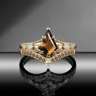 Vintage Art-Deco Kite Smokey Quartz Milgrain Split Shank Engagement Ring Set 2pcs