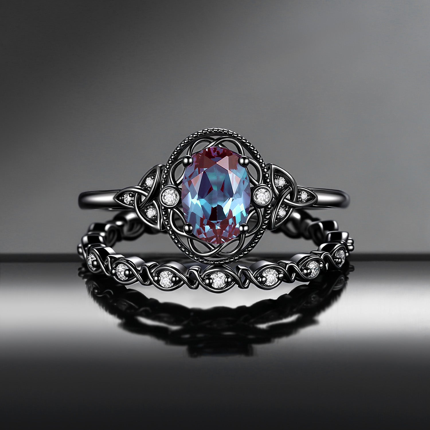 Vintage Filigree Oval Cut Lab Alexandrite Celtic Engagement Ring Set Bridal Set 2pcs