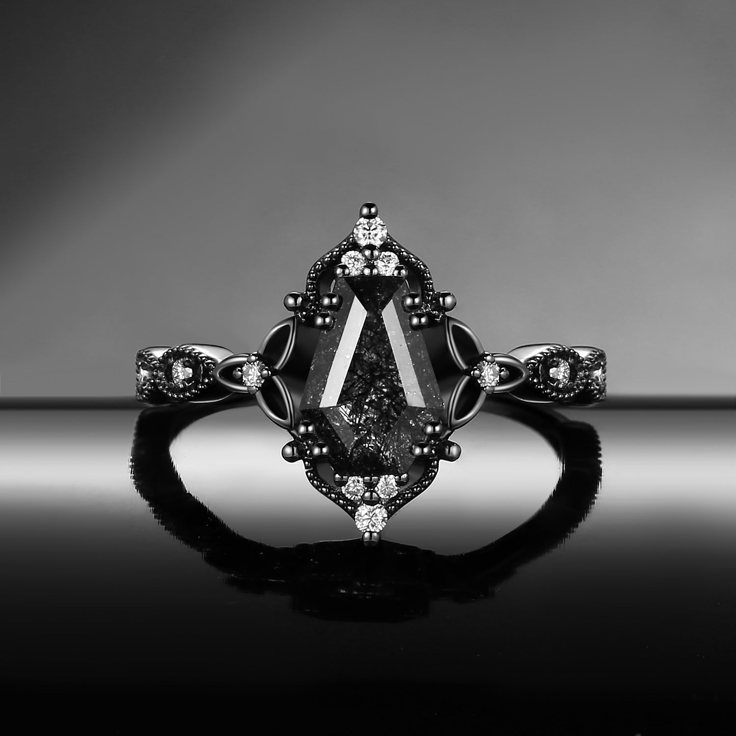 Vintage Inspired Coffin Cut Black Rutilated Quartz Celtic Engagement Ring
