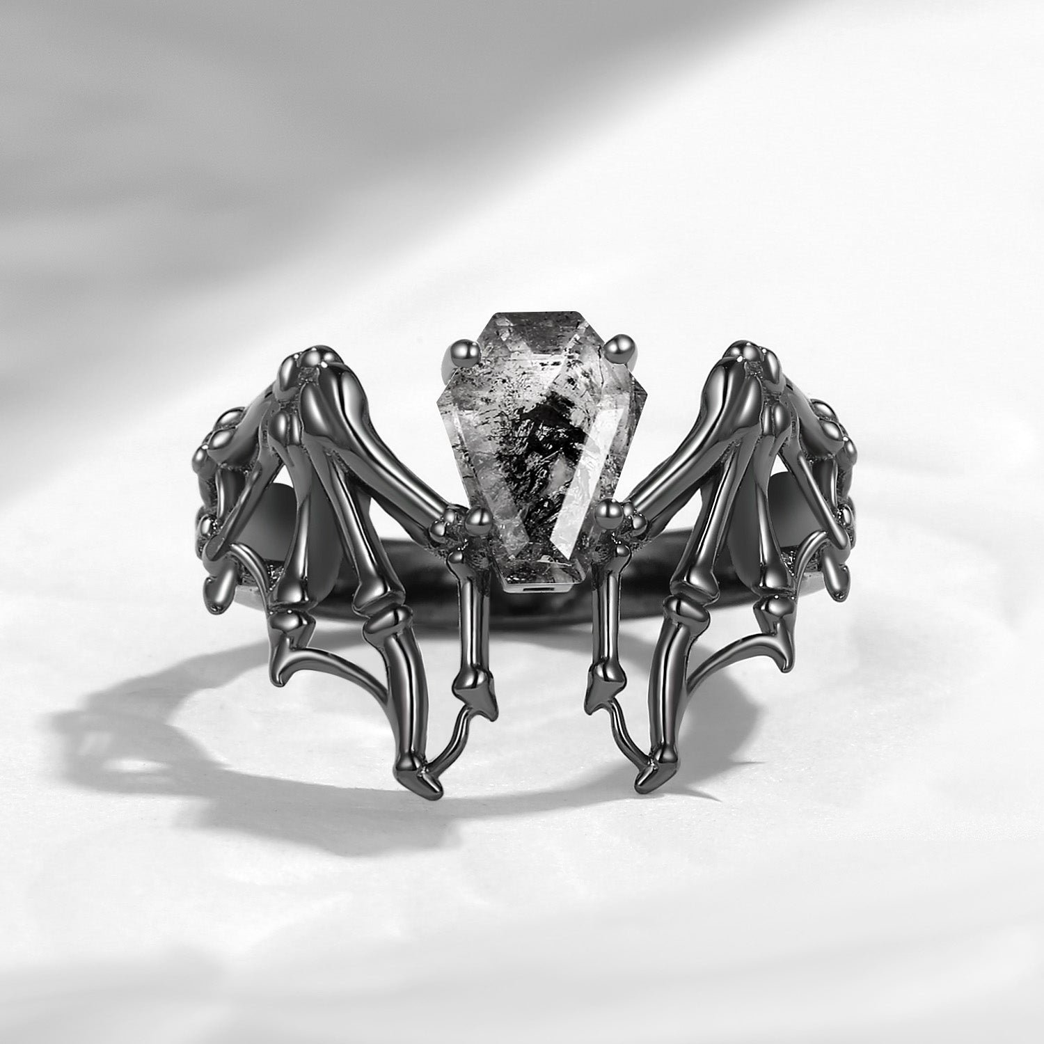 Vintage Inspired Coffin Cut Herkimer Diamond Black Gold Engagement Ring - Bat Ring