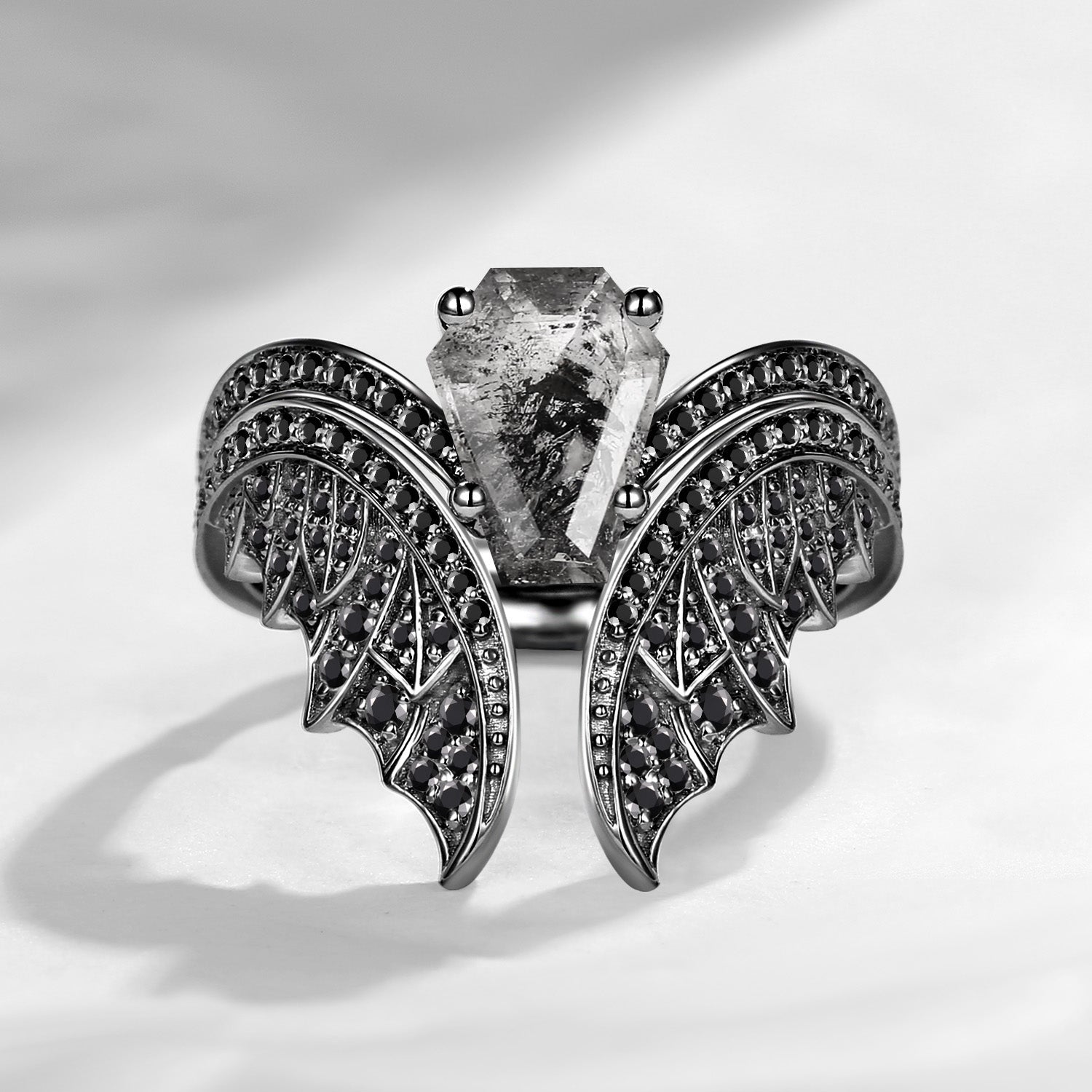 Vintage Inspired Coffin Cut Herkimer Diamond Black Gold Engagement Ring Bridal Set 2pcs - Bat Ring