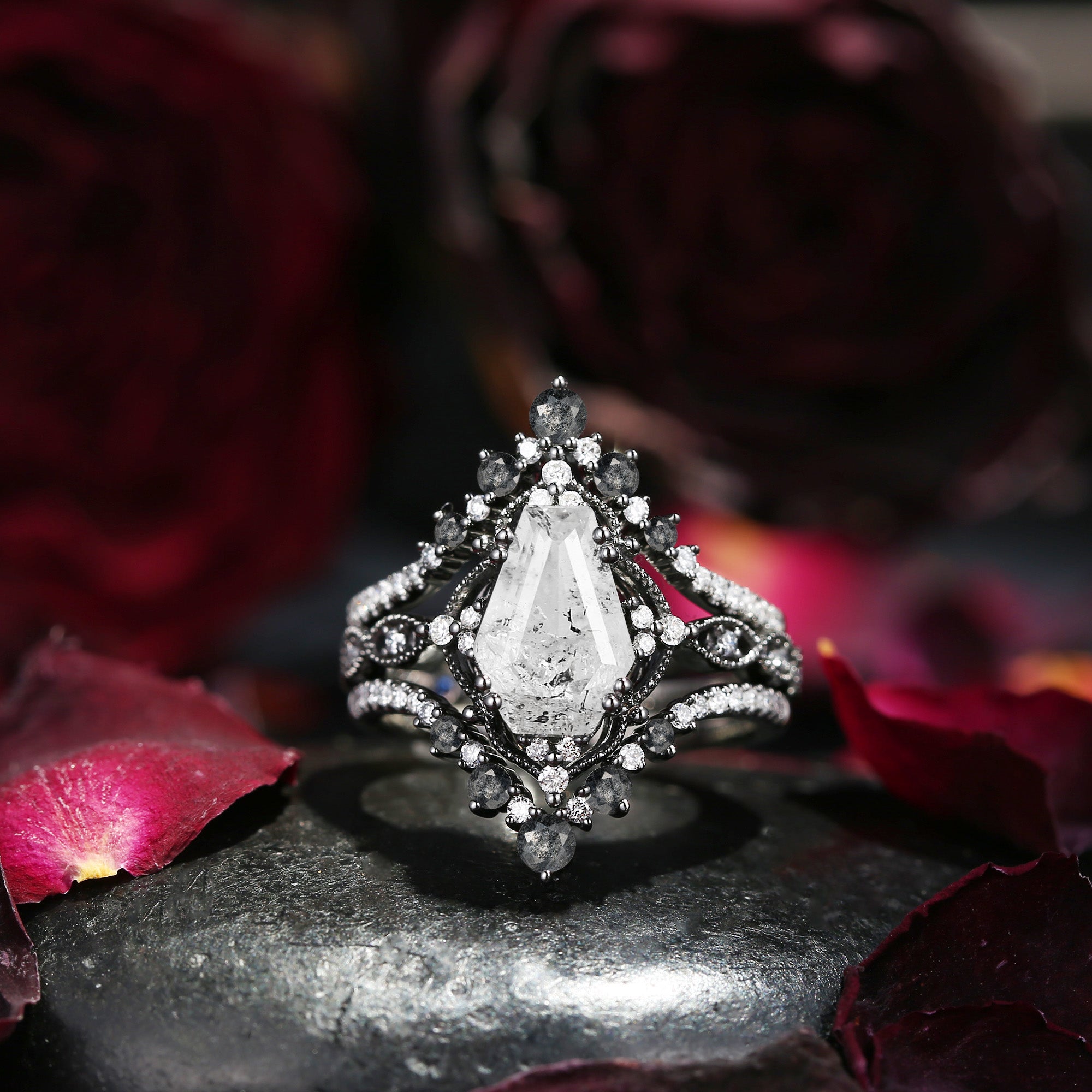 Vintage Inspired Coffin Cut Herkimer Diamond Black Gold Ring Bridal Set 3pcs