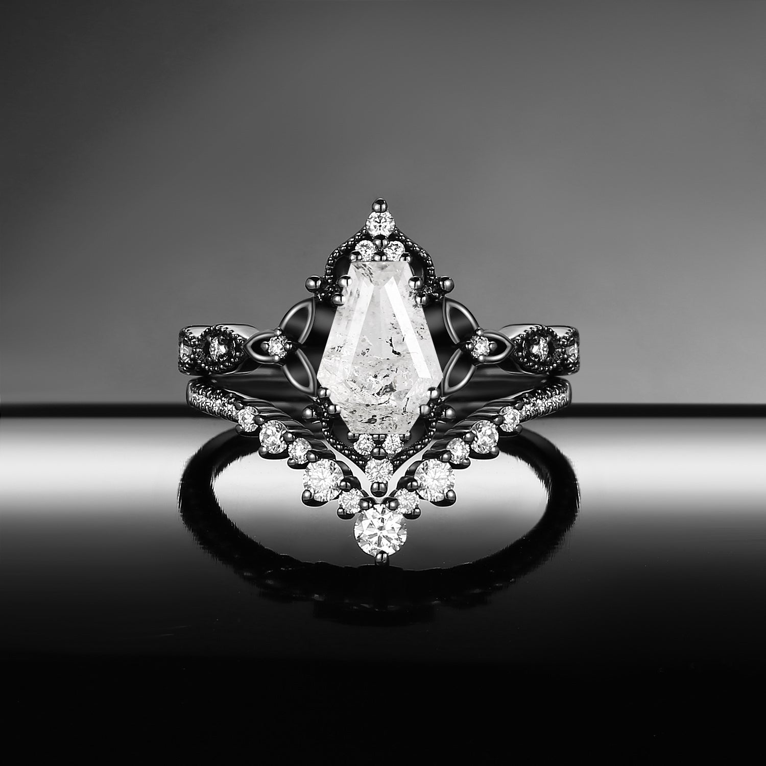 Vintage Inspired Coffin Cut Herkimer Diamond Celtic Engagement Ring Set 2pcs