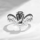 Vintage Inspired Coffin Cut Herkimer Diamond Curved Engagement Ring Bridal Set 2pcs