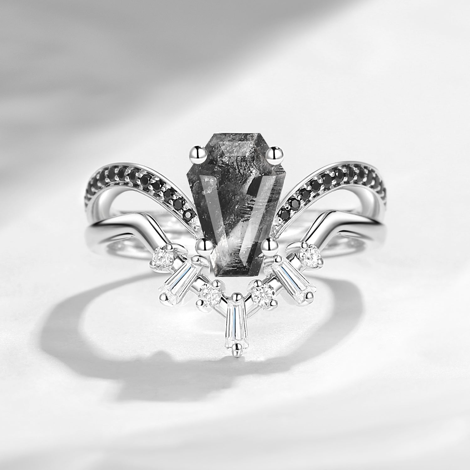 Vintage Inspired Coffin Cut Herkimer Diamond Curved Engagement Ring Bridal Set 2pcs