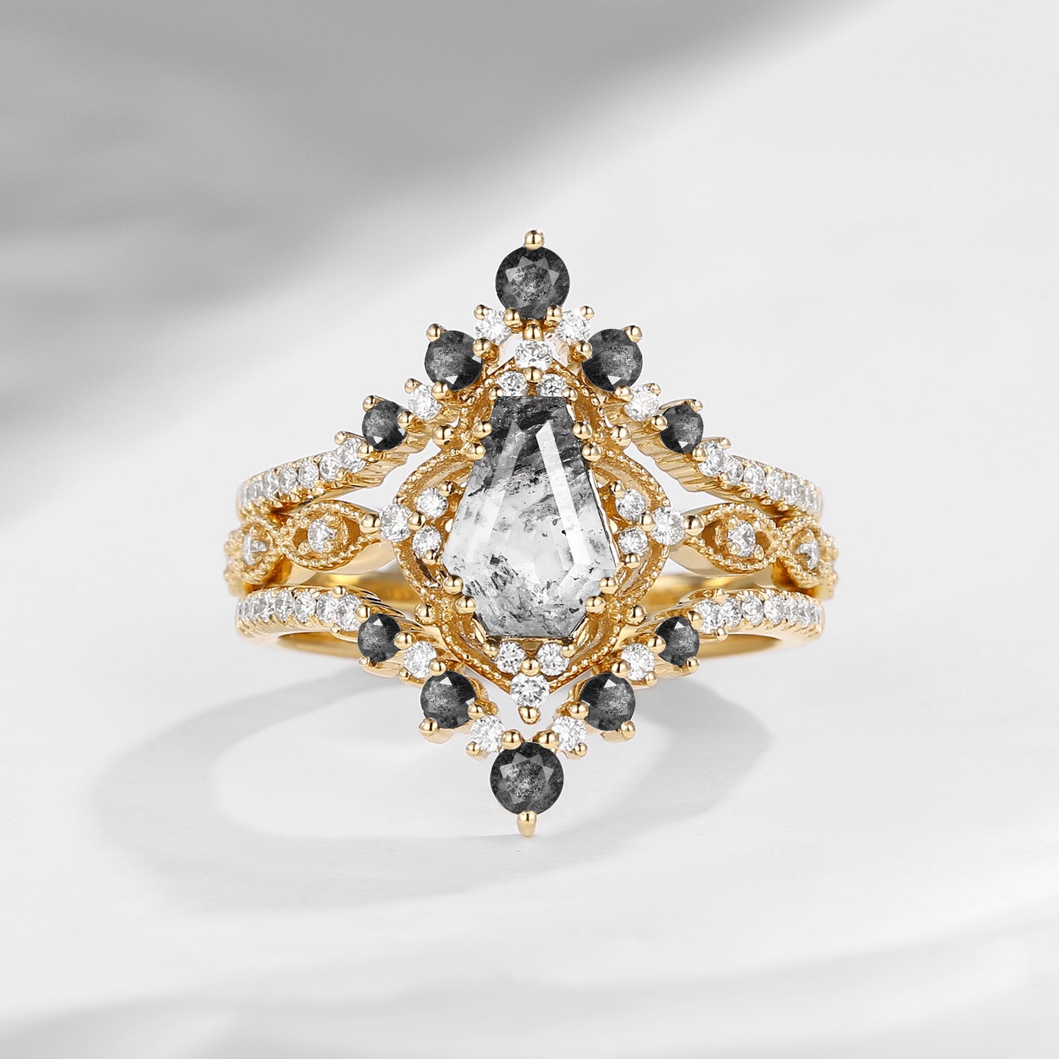 Vintage Inspired Coffin Cut Herkimer Diamond Engagement Ring Bridal Set 3pcs